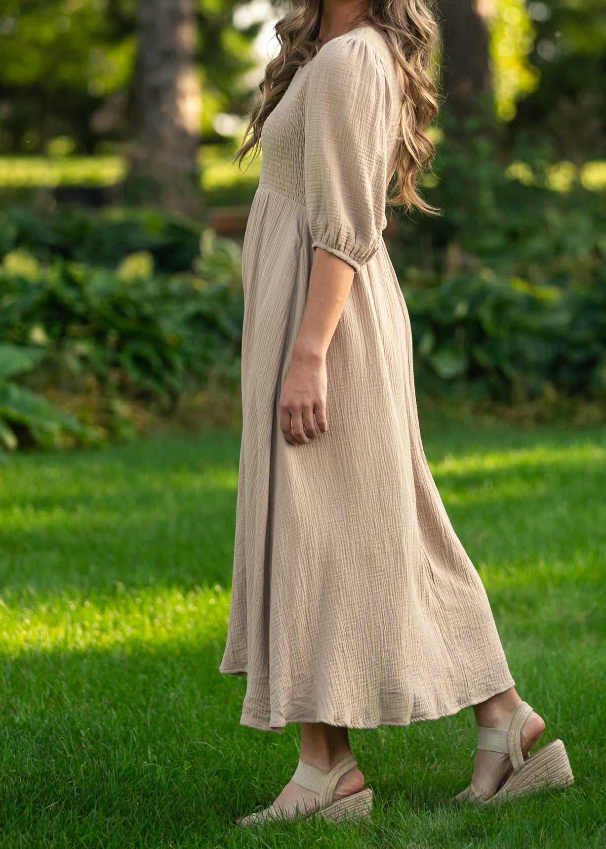 Kayleen Tan Smocked Bodice Gauze Dress