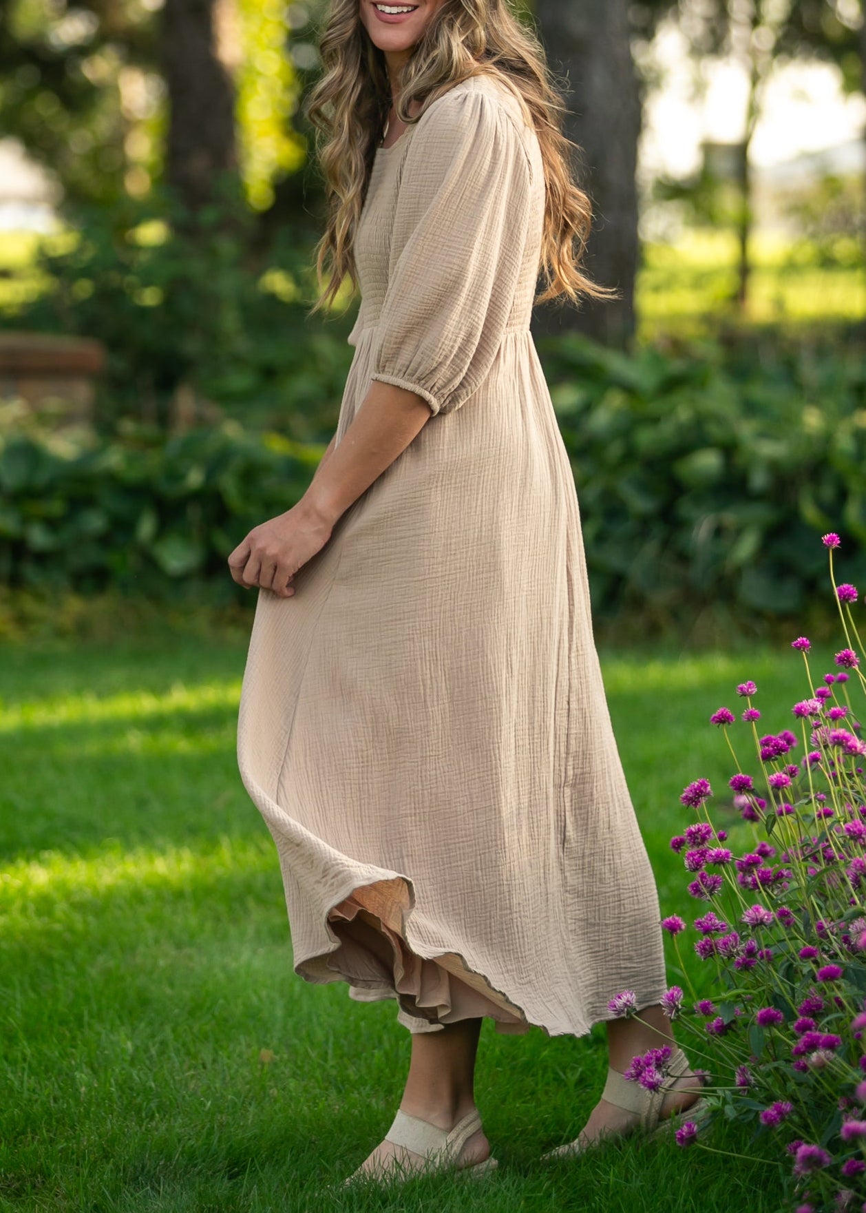 Kayleen Tan Smocked Bodice Gauze Dress
