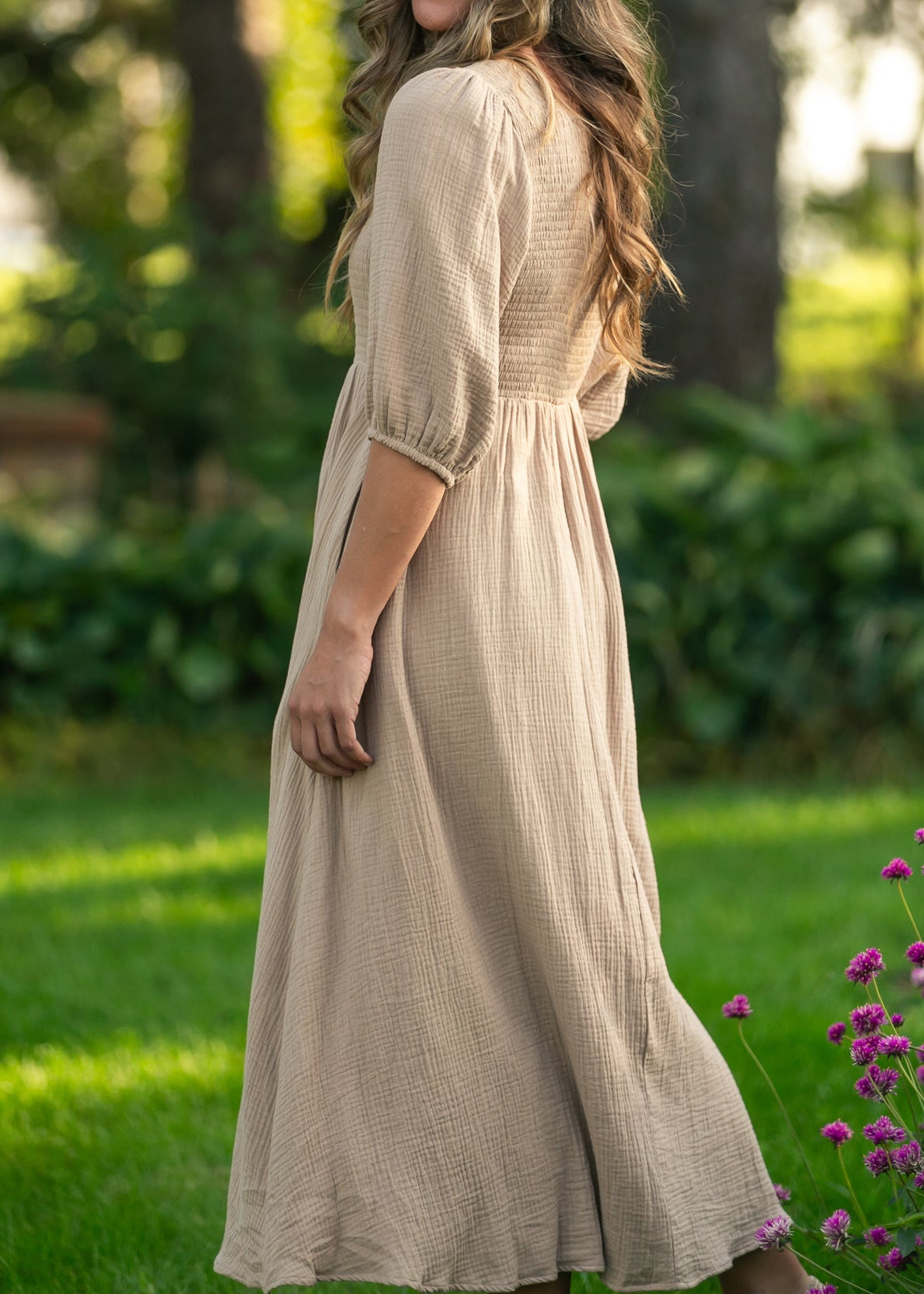 Kayleen Tan Smocked Bodice Gauze Dress