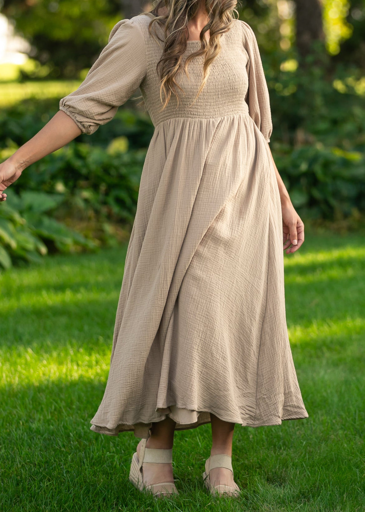 Kayleen Tan Smocked Bodice Gauze Dress