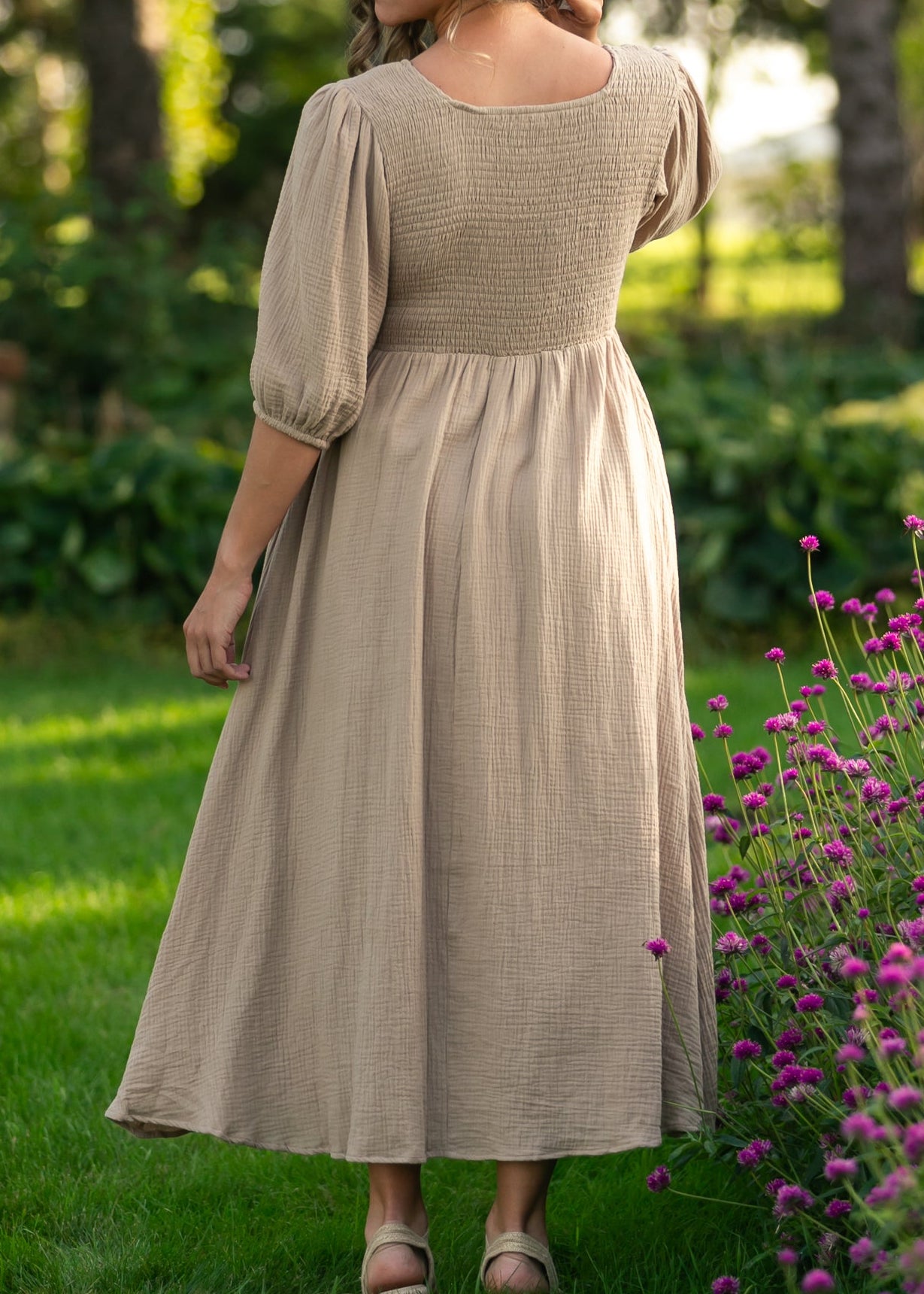 Kayleen Tan Smocked Bodice Gauze Dress